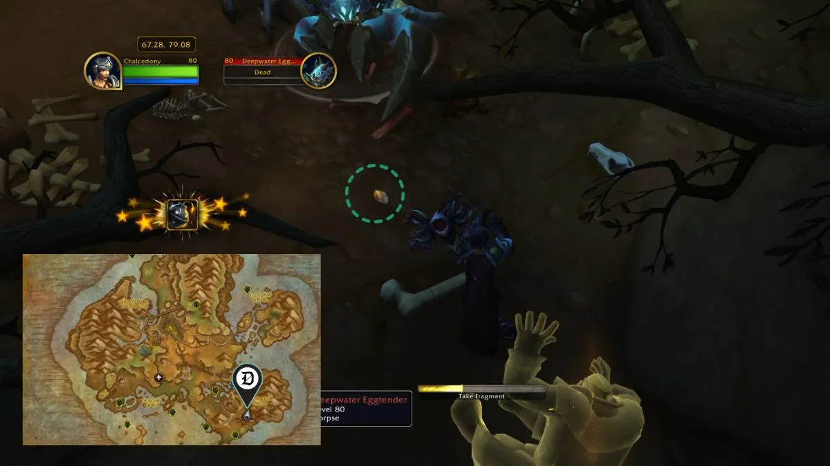 A rune in World of Warcraft with a Kul Tiran ghost nearby and a mini map showing where to go in game.