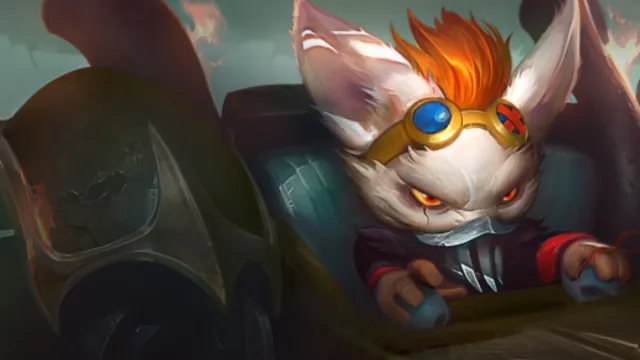 Rumble splash art TFT wearing a mask in his mech with orange hair