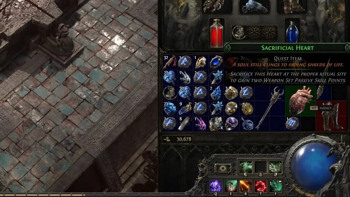 A character's inventory showing a plethora of jewels, runes, orbs, and other items, including the Sacrificial Heart resembling a human heart but much larger in Path of Exile 2.