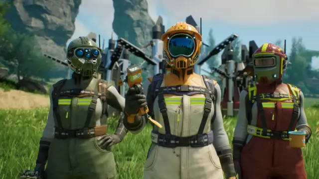 Satisfactory 3 characters standing together in grass field holding equipment