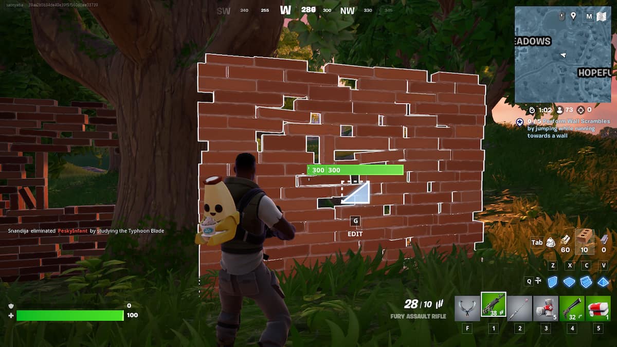 A Fortnite player in front of a brick wall.