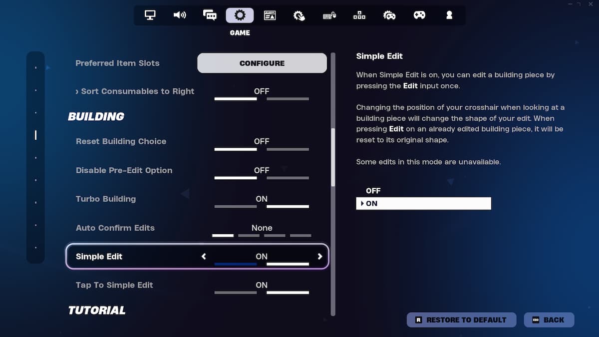 The game settings menu in Fortnite with the Simple Edit option highlighted.