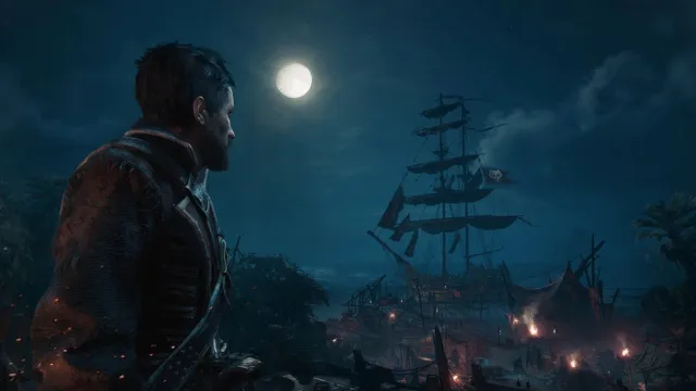 A pirate ship under the moonlight in Skull and Bones.