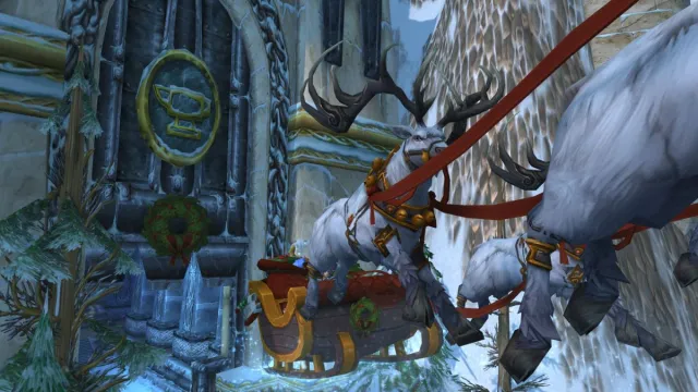 A flying sleigh with reindeer coming out of Ironforge in World of Warcraft.