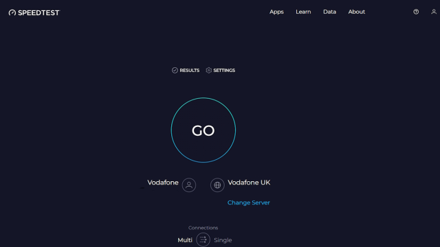 A Speedtest screenshot, showing players how to test their internet connection