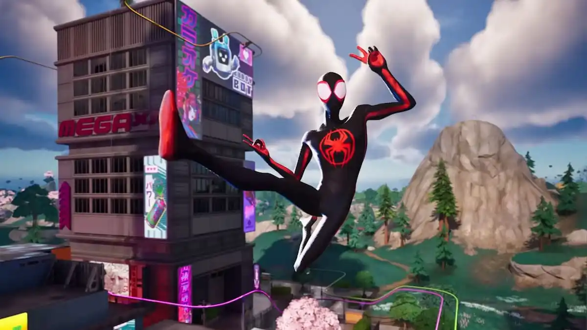 Spider-Man Miles Morales swinging in a city and holding up a peace sign in Fortnite.