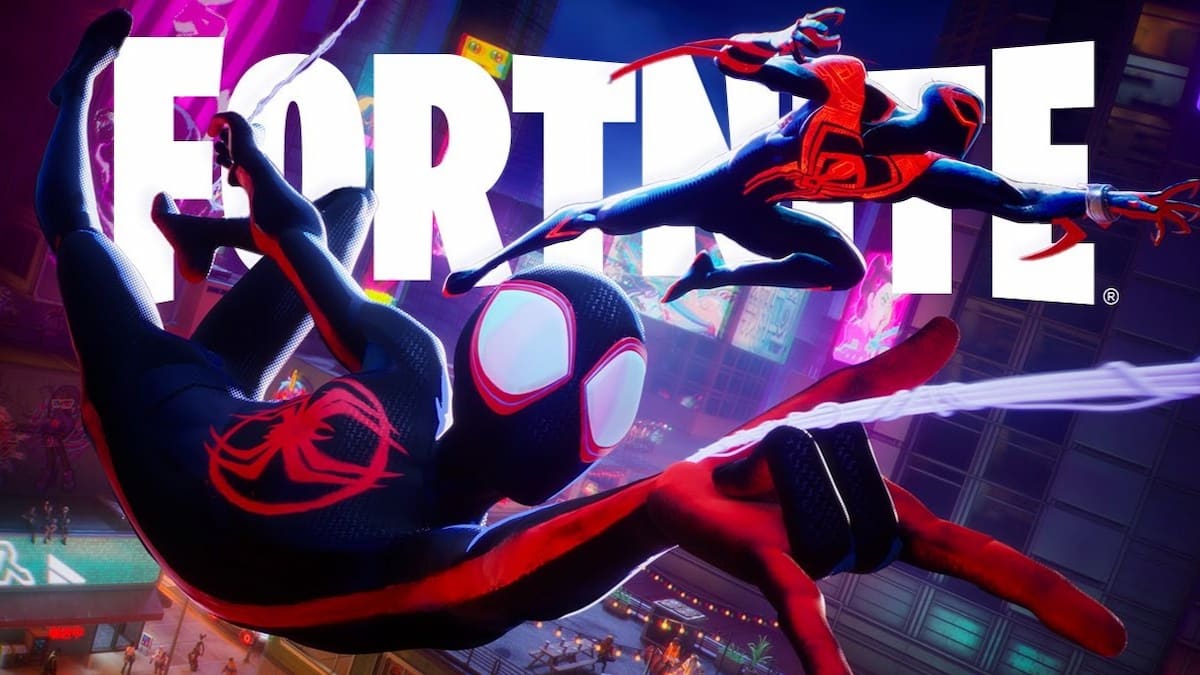 Spider-Man Miles Morales and Spider-Man 2099 Miguel O'Hara swinging in front of the Fortnite logo.