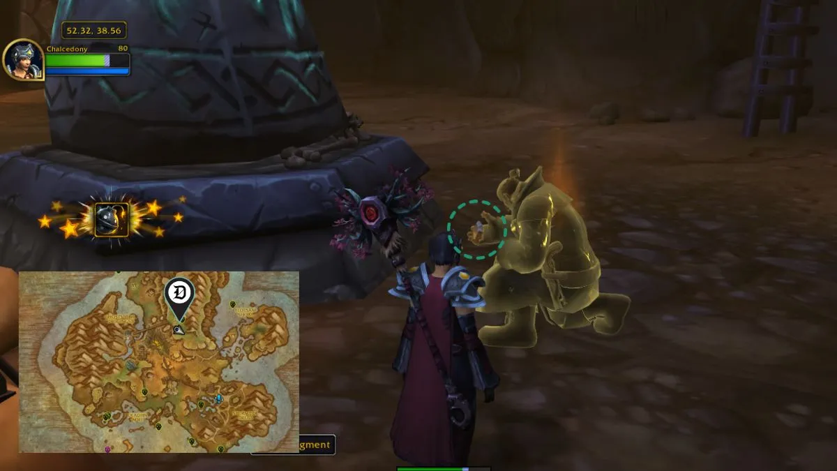 A rune in World of Warcraft with a Kul Tiran ghost nearby and a mini map showing where to go in game.