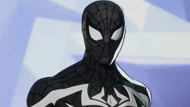 The hero Spider-Man from Marvel Rivals wearing a black-and-white suit with a massive white spider on his chest.