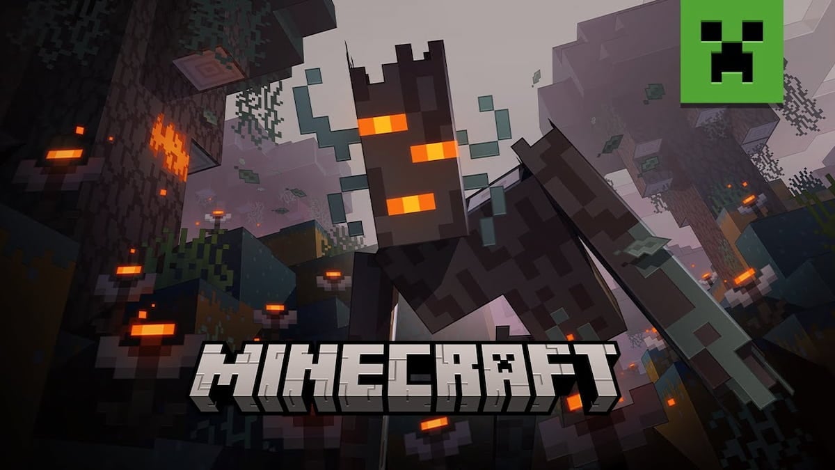 A Creaking with glowing orange eyes peering forward over the Minecraft logo.