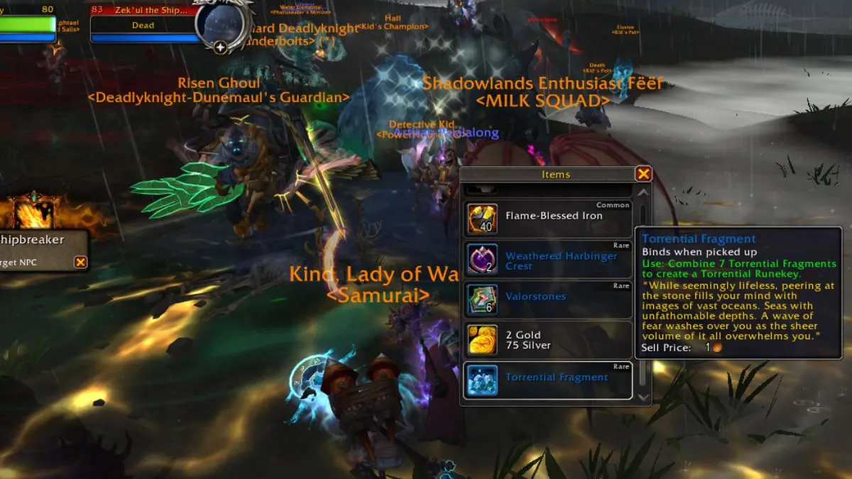 Lots of players in World of Warcraft after killing a boss with a loot table being shown on screen.