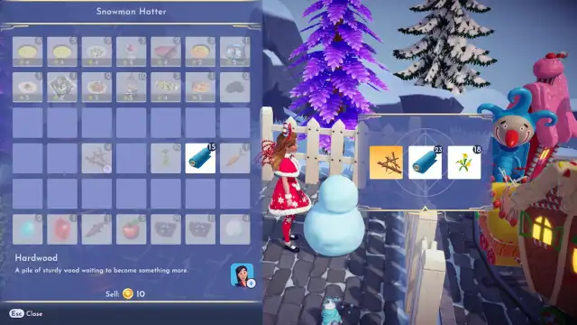 Adding materials to build a snowman in Disney Dreamlight Valley.