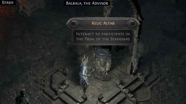 A necromancer standing in front of a Relic altar in a gloomy and ancient room while a ghostly advisor stands next to it in Path of Exile 2.