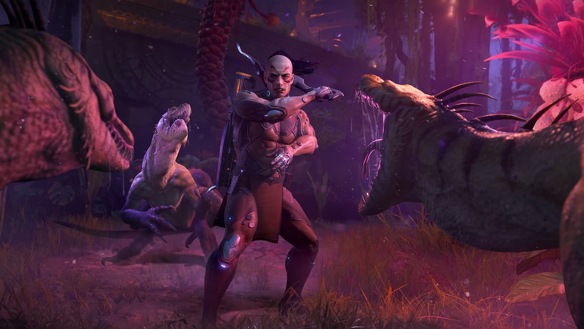 turok origins still image, featuring turok himself front and center over a purple-lighted backdrop, fighting a few dinosaurs