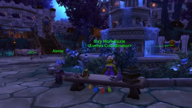 Vendors selling Winter Veil items in a garrison in World of Warcraft.