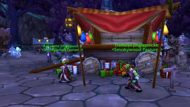 Vendors selling Winter Veil items in a garrison in World of Warcraft.