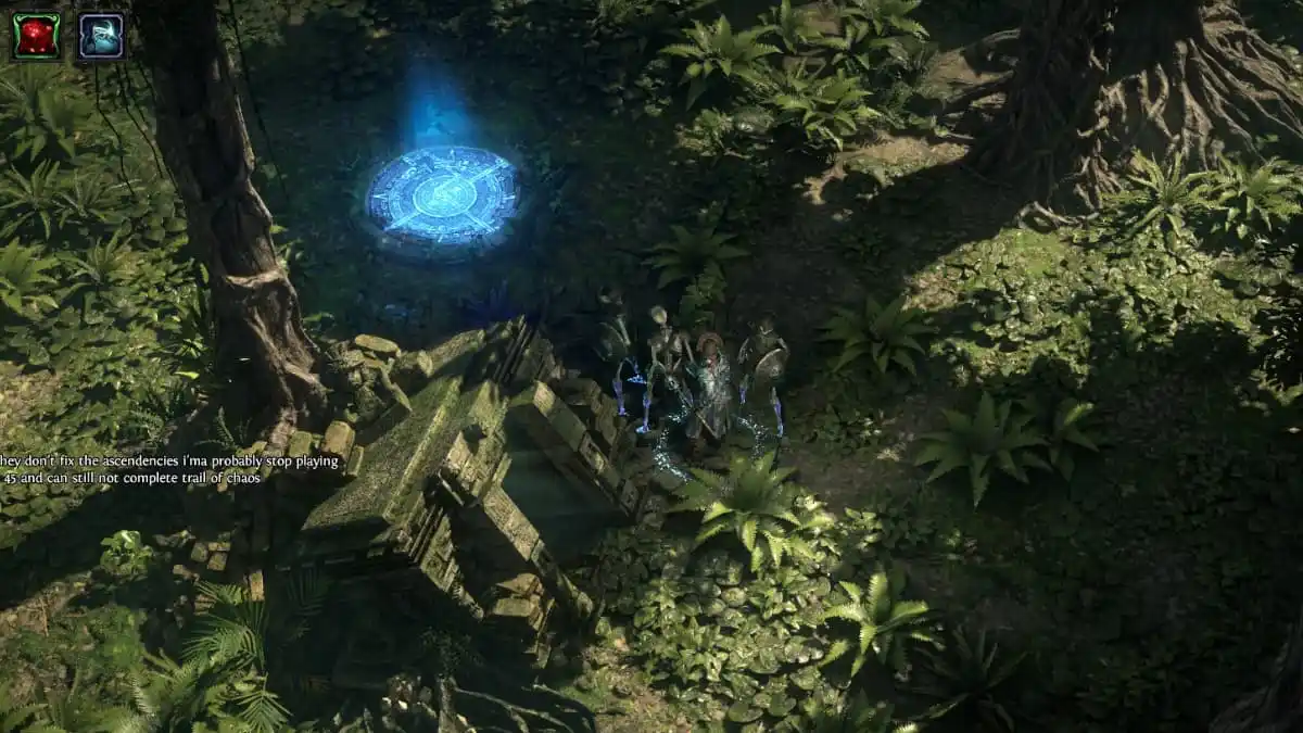 A witch and her skeletal warriors standing in front of an entrance to ancient ruins in a jungle environment in Path of Exile 2.