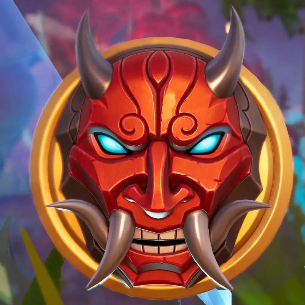 The Wanderer Shogun X Medallion with a red demon face with glowing blue eyes and black horns in Fortnite. 