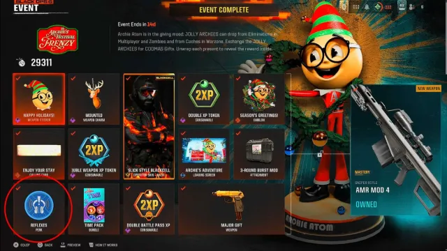 Call of Duty Warzone Archies Festival Frenzy event reward page with Reflex perk circled on the bottom left