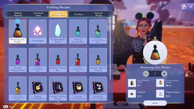 Crafting a Watering Can Potion at a crafting station in Disney Dreamlight Valley.