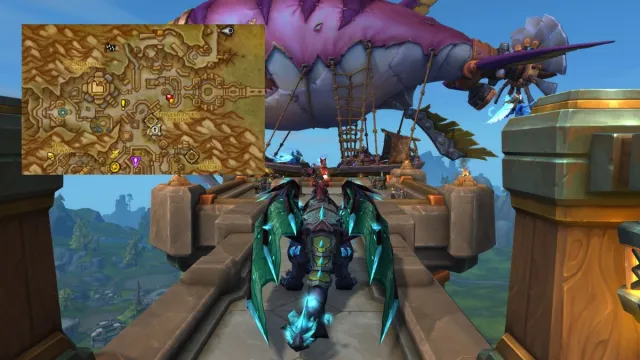 Player character on the back of a dragon boarding a zeppelin in World of Warcraft with a map pasted on top.