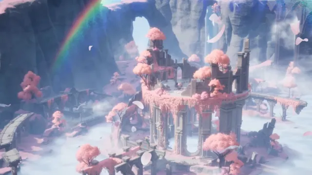 Nimbus Sanctum view from above pink cliffs and rainbows