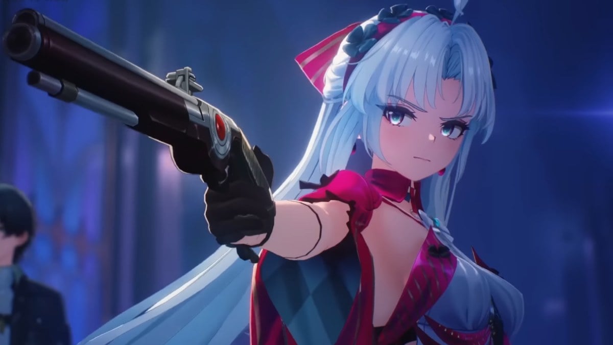 Carlotta with long white hair and a red and white dress holding a silver pistol pointing it at someone