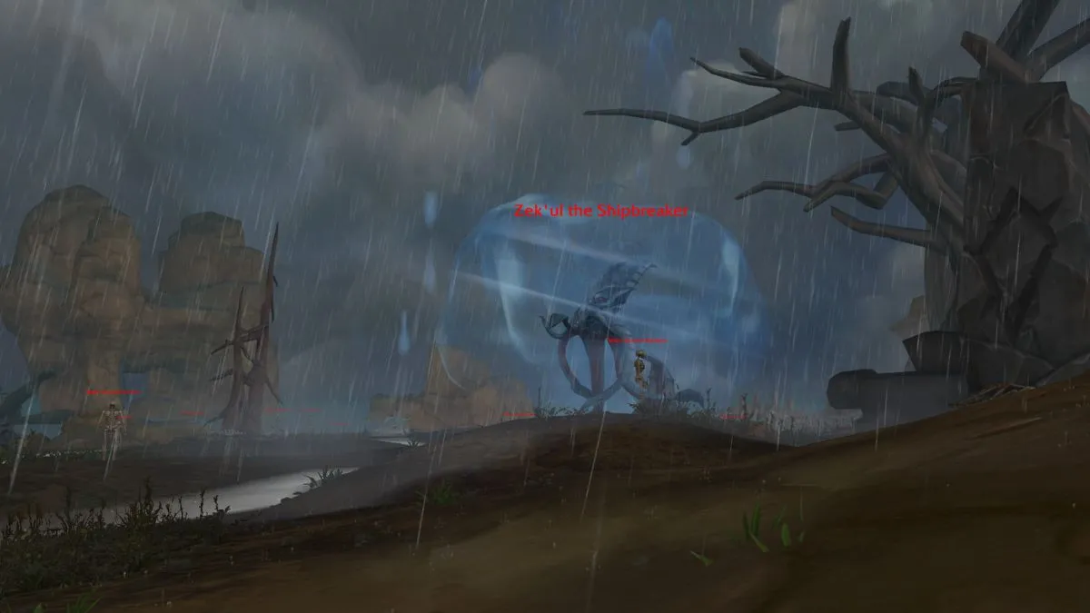 Zek'ul boss in World of Warcraft surrounded by water in a storm next to a giant tree.