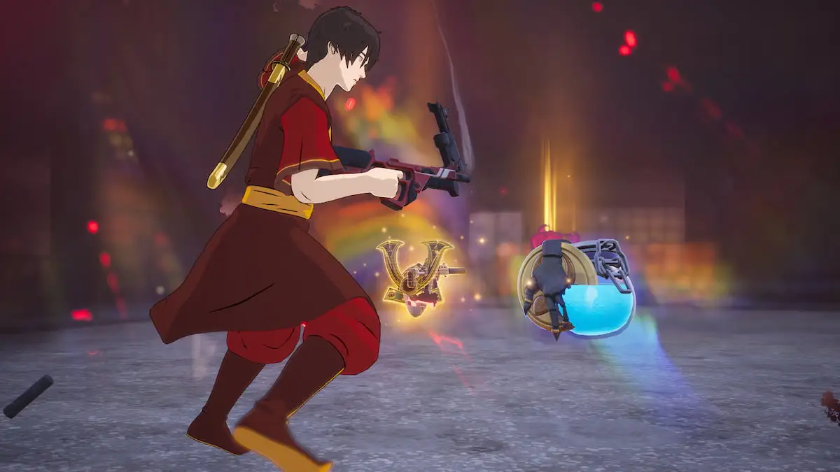 Zuko looking at a the golden Night Rose Medallion with a black hand on it in Fortnite.