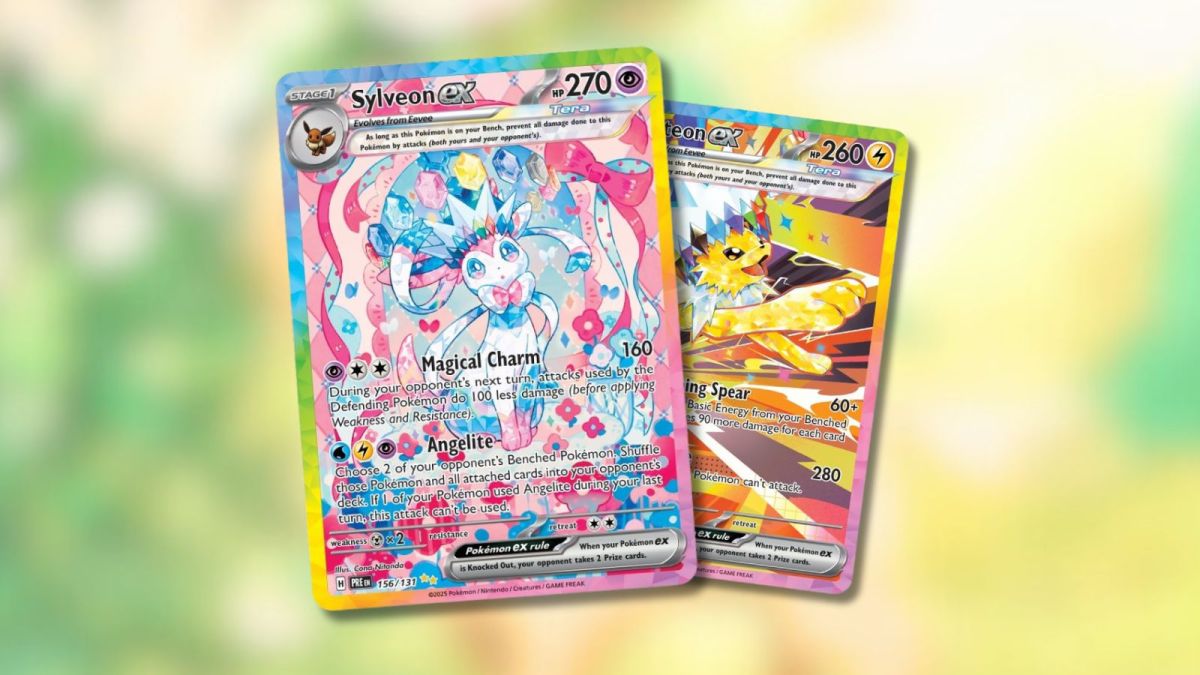 Sylveon and Jolteon Pokémon cards with green Leafeon background.