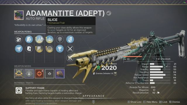 An Adept version of Adamantite, a new episodic weapon in Destiny 2.