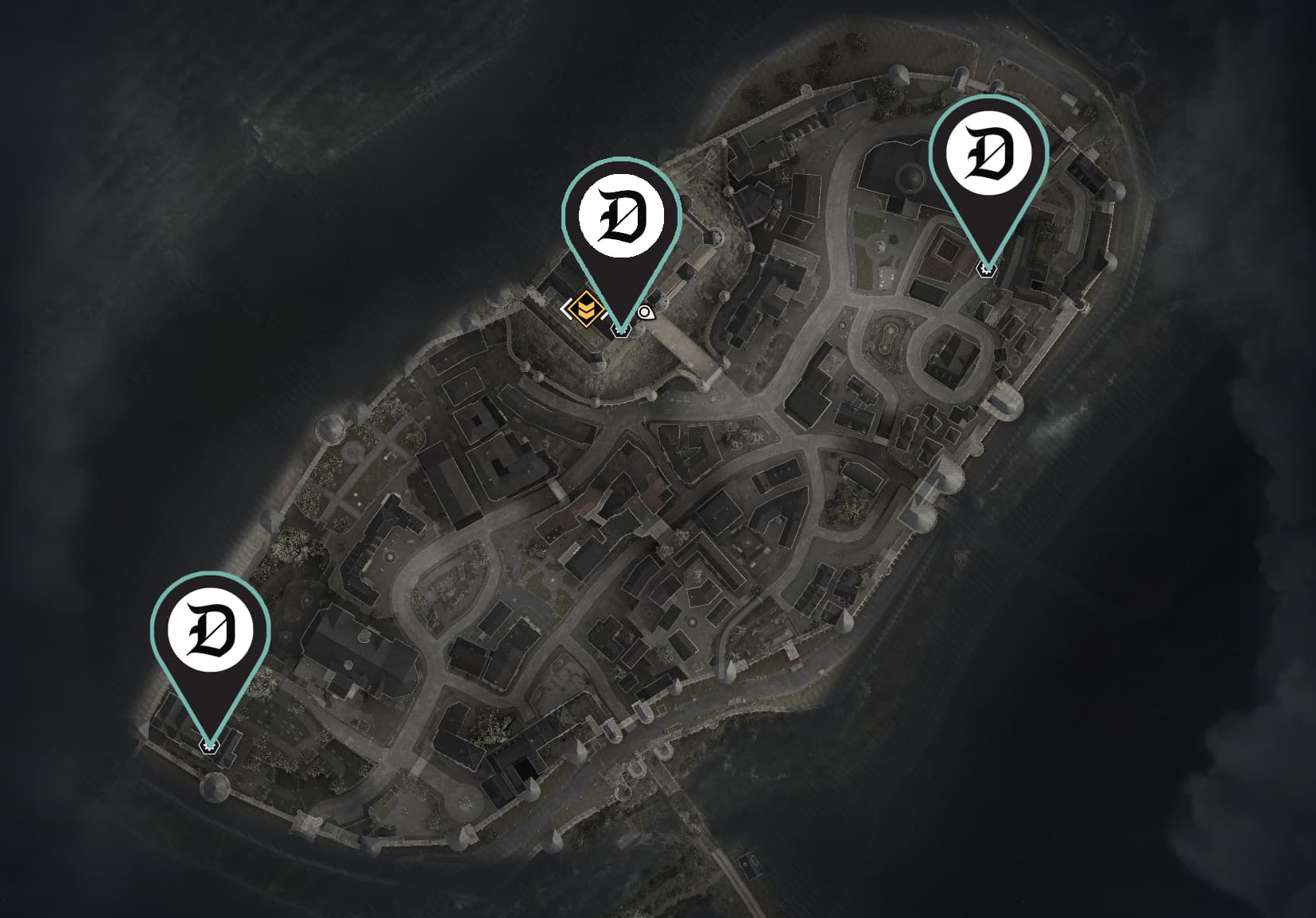 A map from Dead Drop mission of Sniper Elite Resistance showing the three locations of the workbenches with pins featuring the Dot Esports logo.