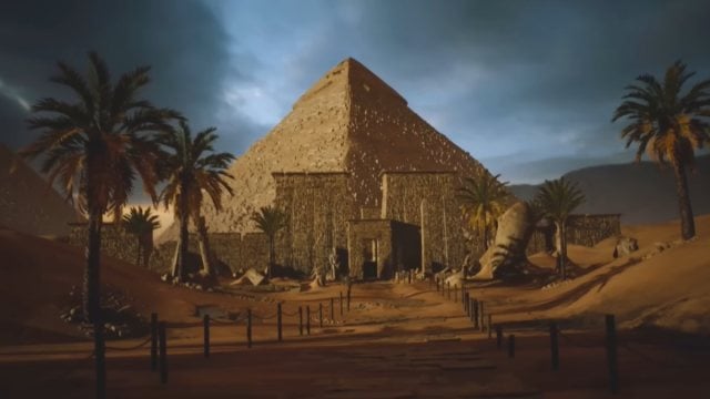 An establishing shot of the Giza pyramid at the start of Amenti