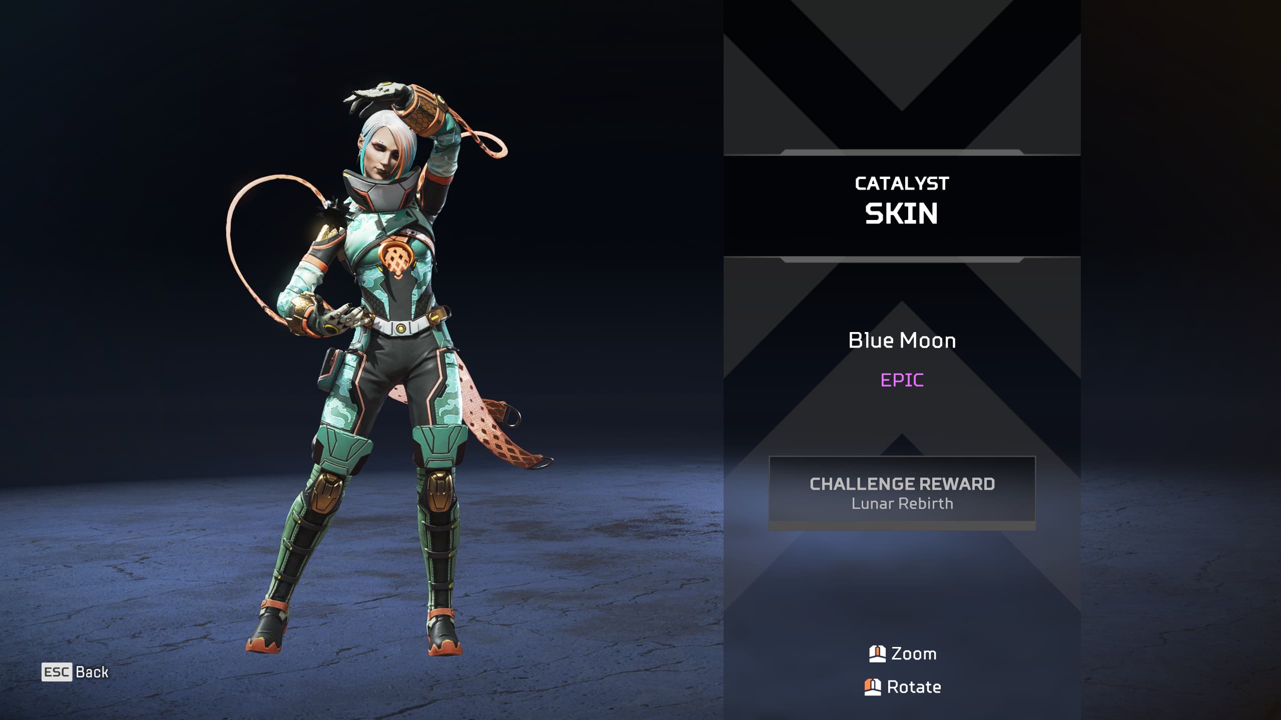 Catalyst wears a green outfit with an orange animated pattern.