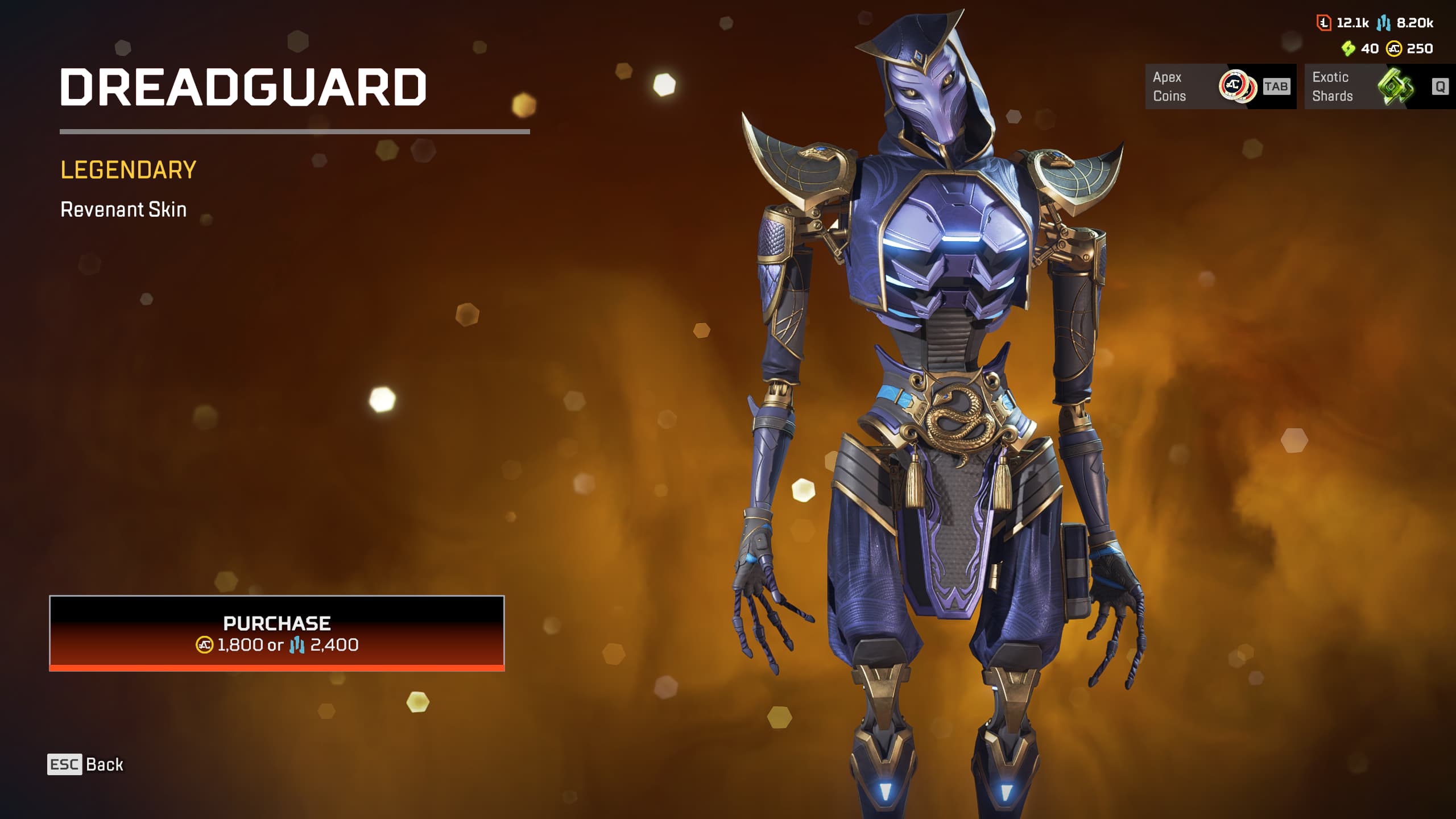 Revenant wears a snake-like face plate and has intricate armor colored purple and gold with more snake details.