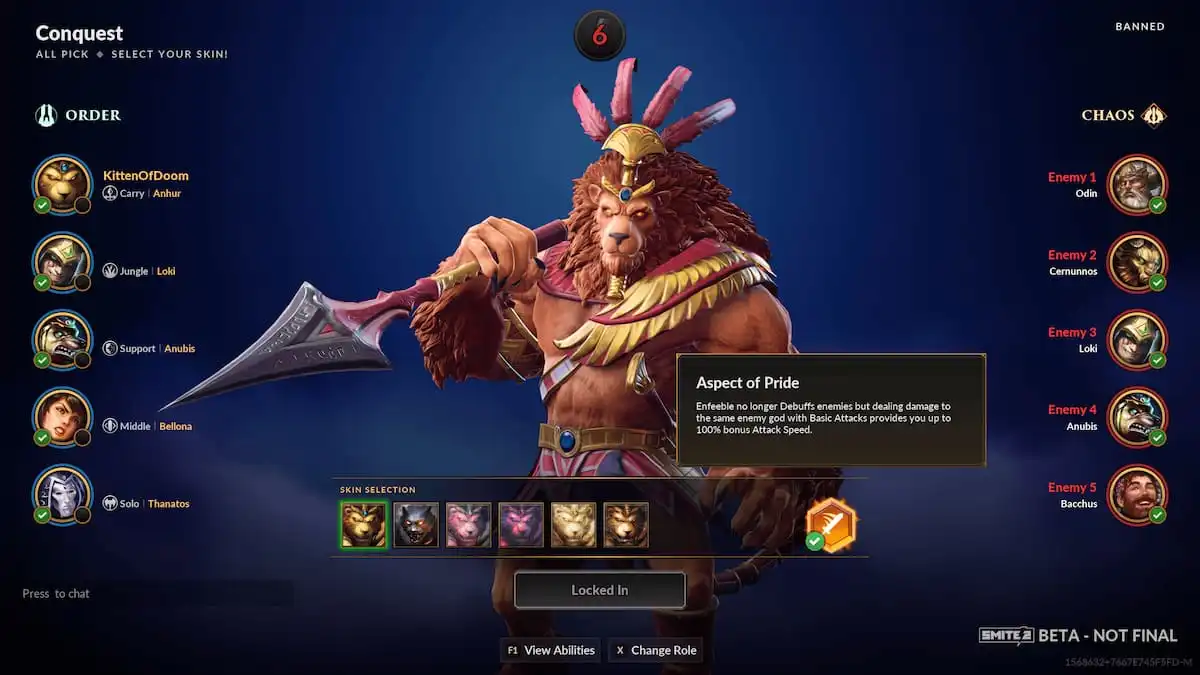 A lion god wearing a crown and carrying a large spear on his shoulder in SMITE 2.