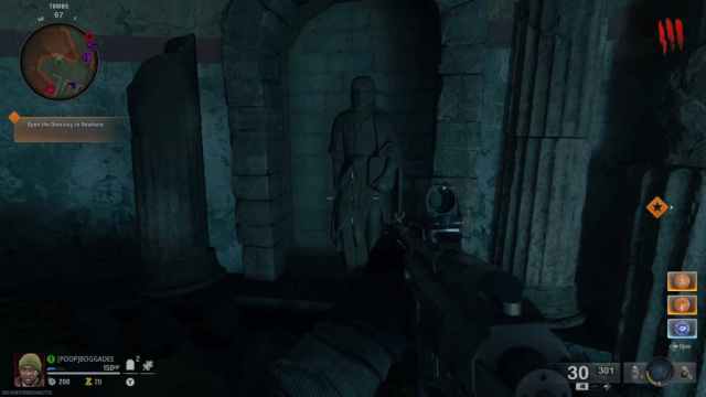 A statue of a bearded man in Black Ops 6 Zombies on The Tomb.