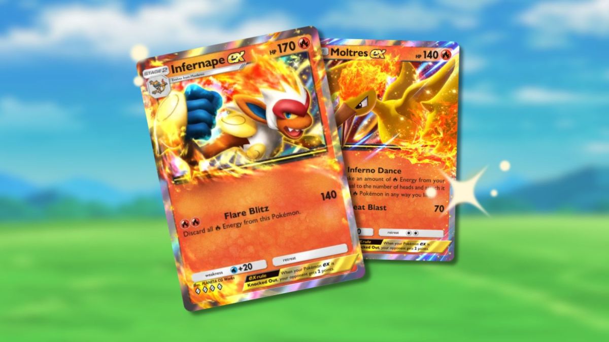 Infernape ex and Moltres ex Pokémon TCG Pocket cards with blurred anime background and sparkles.