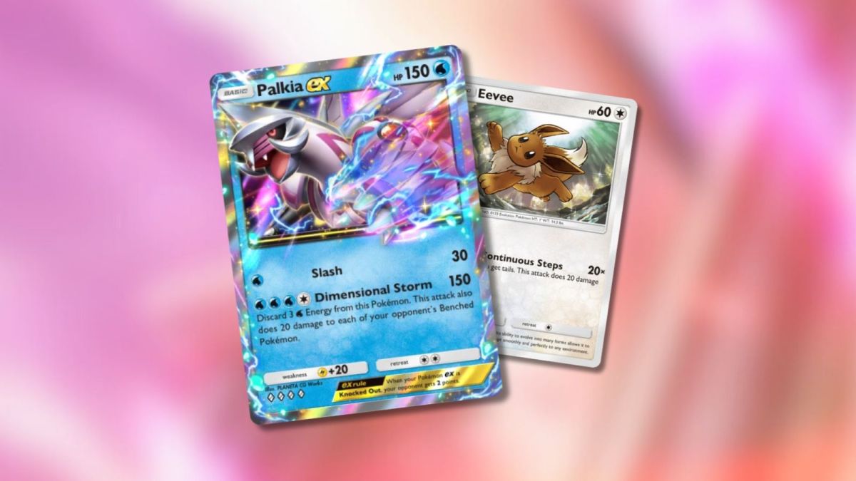 Palkia ex and Eevee Pokémon TCG Pocket cards with blurred pink background.