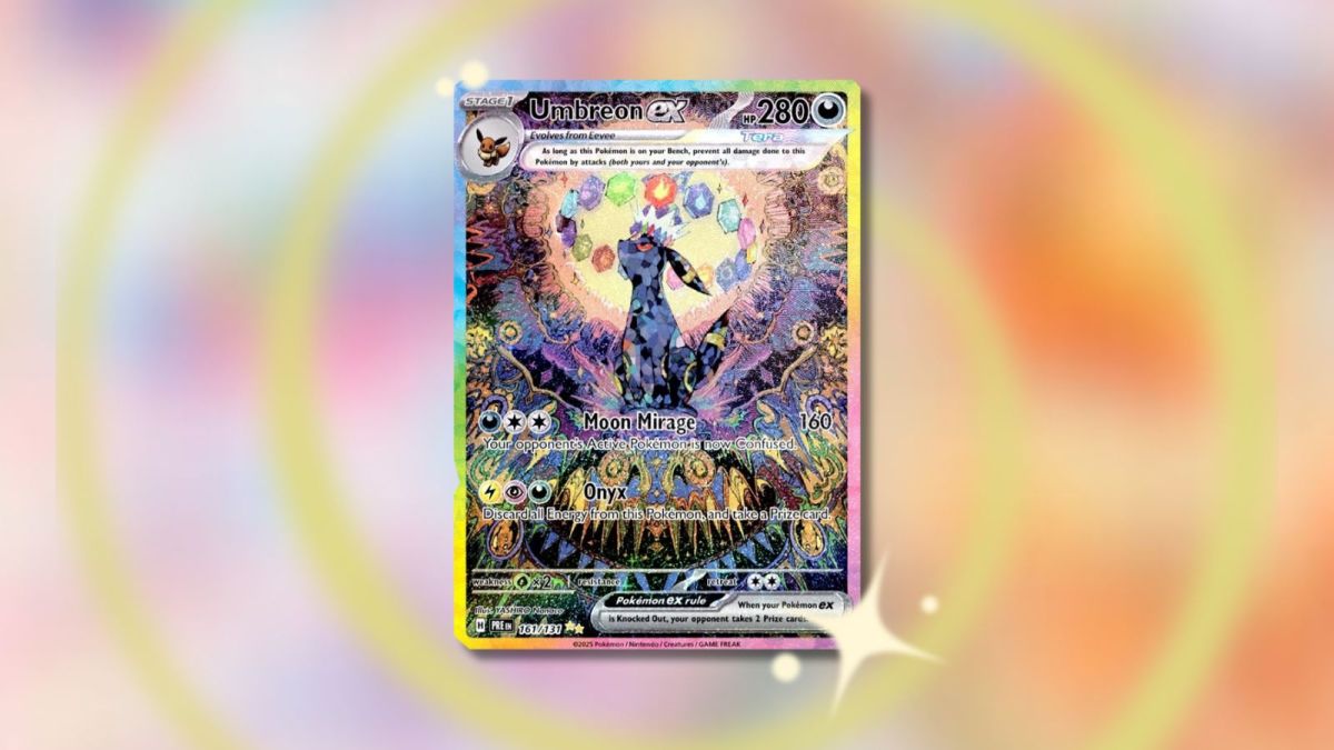 Umbreon Pokémon card with swirl in the background and blurry rainbow creatures.