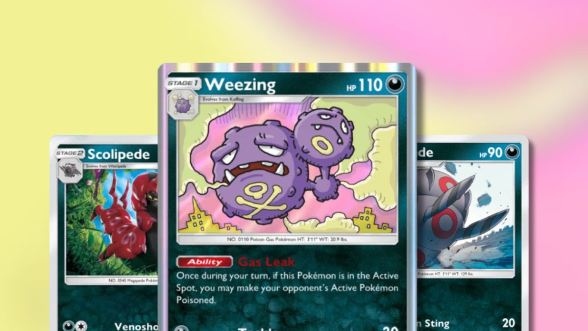 Scolipede, Weezing, Whirlipede Pokémon TCG Pocket cards with blurry background.