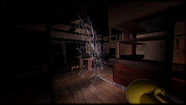 A shot of the house interior with cobwebs hanging from the ceiling in front of the character holding their flashlight, pointing it into the open space in front of them