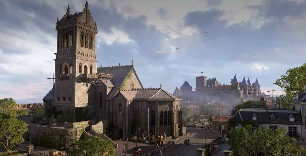 A screenshot from the Dead drop mission showing the towering basilica against a european town