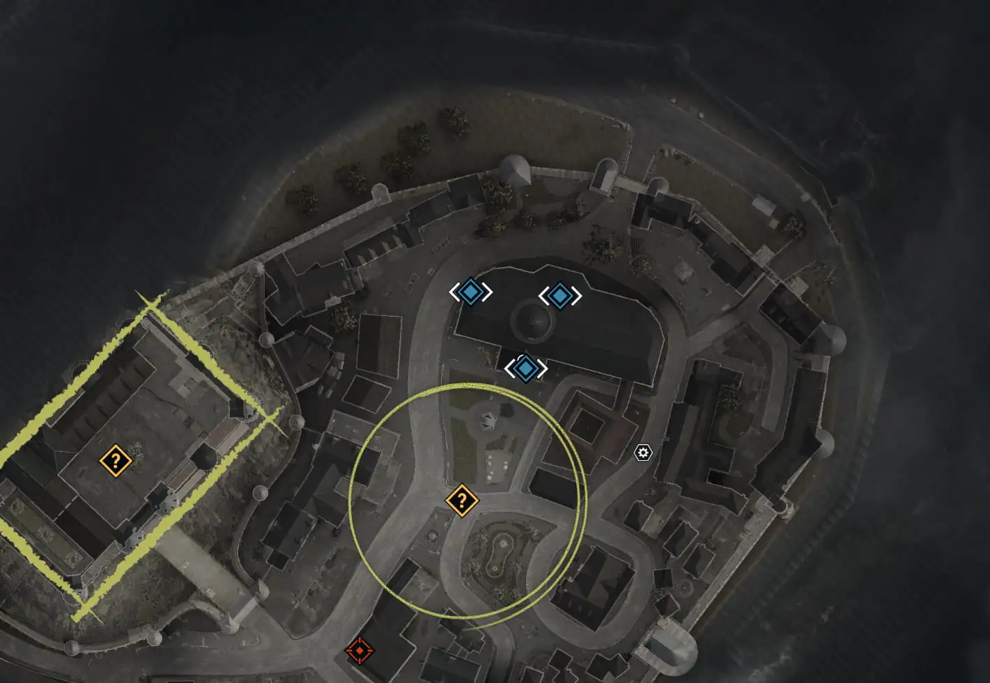 Three blue diamonds mark the locations of the three stolen files as part of the Dead Drop ques