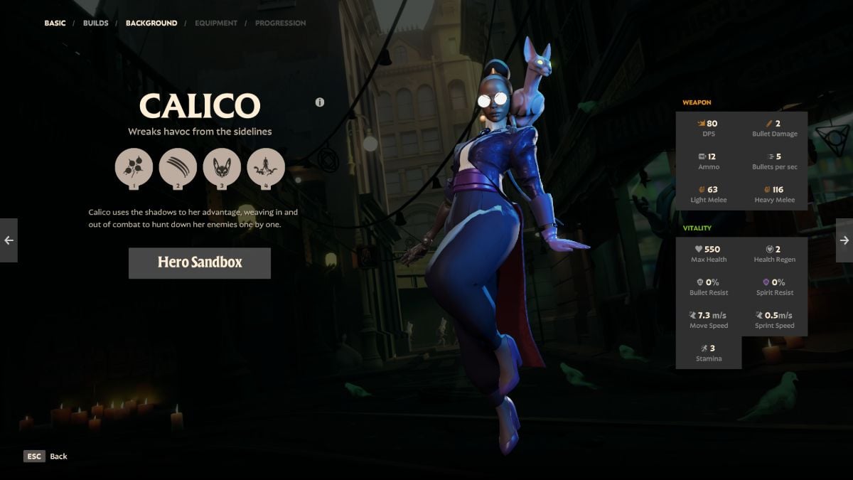 An image from Deadlock of Calico, a cat-wielding assassin that can enter and leave the shadows to sneak around the map.