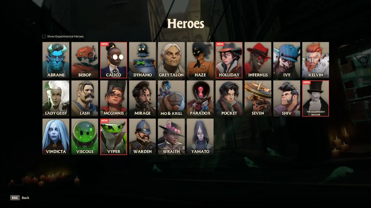 An image from Deadlock of the hero roster, which showcases the four new characters highlighted in red.