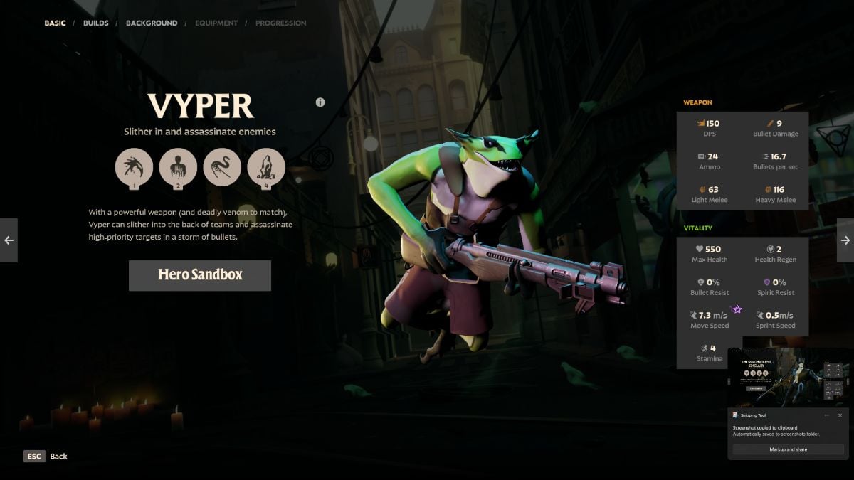 An image from Deadlock of Vyper, a lizard that poisons his enemies and can slide for longer than other characters.