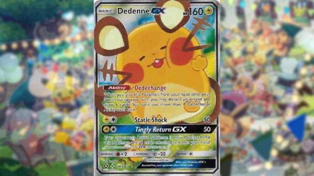 An image of a Pokemon Trading Card that features Dedenne squished up against glass.