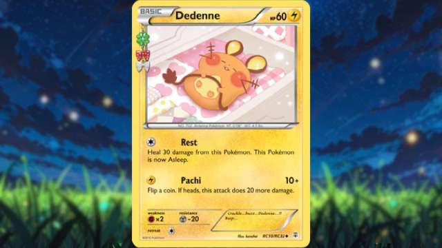 An image of Dedenne in a Pokemon Card sleeping peacefully in a small bed.