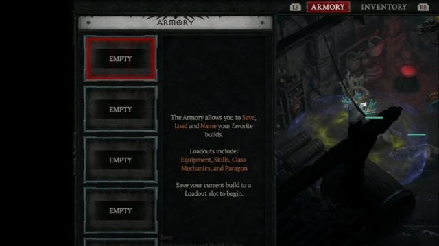 Image showing the Armory menu in Diablo 4.